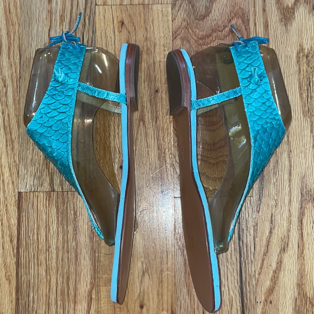 NEW CANDELA NYC Boho scalloped Turquoise mermaid scales leather thong sandal 10 - Picture 4 of 12